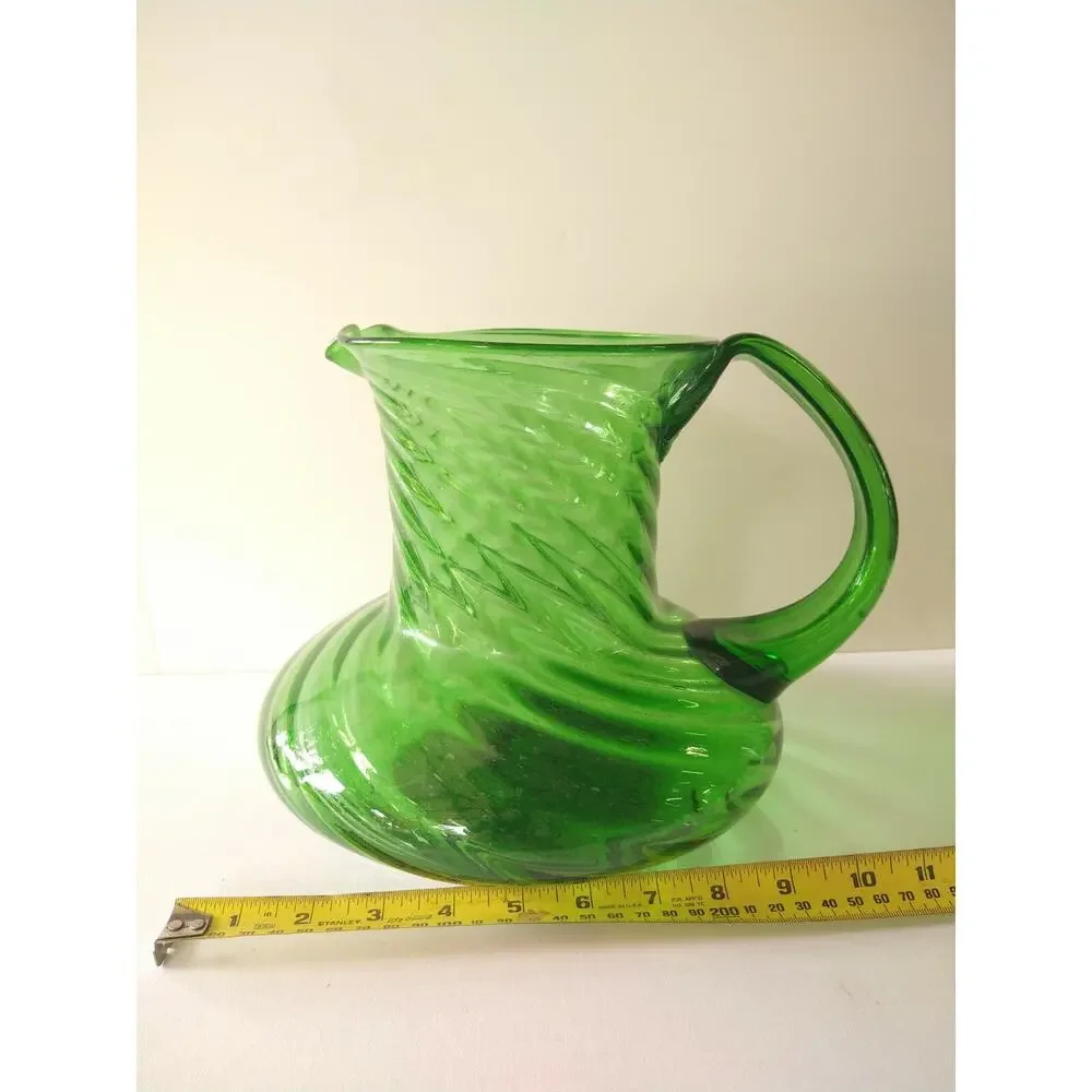 Vintage Hand Blown Large Green Glass Pitcher Ribbed 8.5